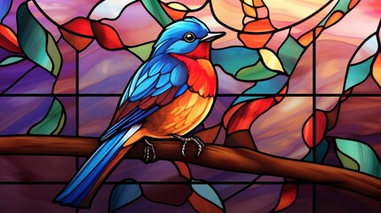 a stained glass-inspired image of a songbird perched on a church window