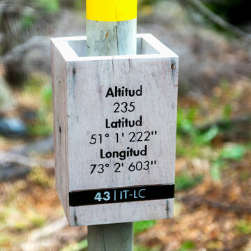 Sign Of Geographic Coordinates, Torres Del Paine National Park; Torres Del Paine, Magallanes And Antartica Chilena Region, Chile
