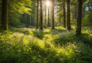 forest glade with dappled sunlight and wildflowers
