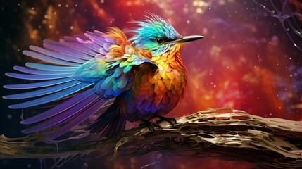 a surreal image of a songbird with iridescent feathers blending into a rainbow