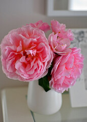 romantyczna rózowa roza w białym wazonie na stoliku, romantyczne tło, rózowa róza w wazonie, róza i ramka ze zdjęciem, romantic pink rose in a white vase on the table, romantic background - obrazy, fototapety, plakaty