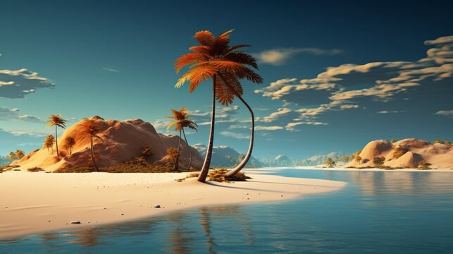 a visually striking depiction of a desert island with golden sands and a lone palm tree