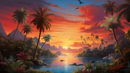 Fototapeta na wymiar a visually striking depiction of a tropical paradise at sunset, with vibrant colors in the sky