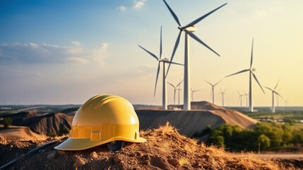 A yellow protective helmet rests on the ground in a vast park of wind turbines. Protective helmet a symbol of safety and work in an environment driven by the force of winds.