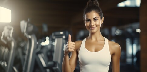 A woman showing approval with a thumbs up gesture in a fitness facility
