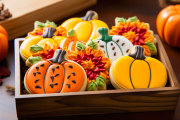 Pumpkin and flower sugar cookies in a wood box, fall baking, autumn cooking