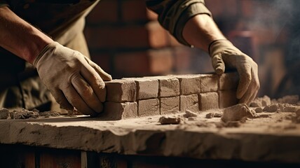 a professional builder's work. Zoom in on the hands of the builder as they meticulously adjust a brick into place, capturing the essence of craftsmanship on an industrial construction site.