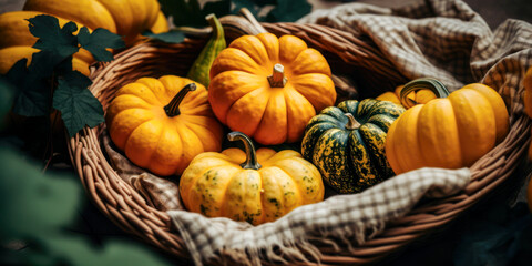 Decorative fall pumpkin gourds in a basket, wide banner, background, Thanksgiving