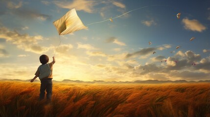 a visually striking depiction of a child flying a kite in a wide-open field