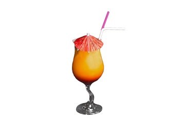 Exotic tropical look cocktail with umbrella beautiful serving with straw orange-red drink glass on white background isolated