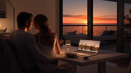 A pleasant married couple is sitting at a table in a modern kitchen and looking at a laptop screen. Young married husband shopping online or booking tickets.