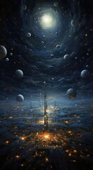 A space station surrounded by planets in a mesmerizing painting