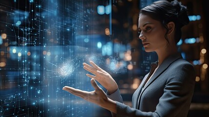 a businesswoman's hand confidently touching a digital neural network interface on a futuristic device, symbolizing the synergy between technology and business.