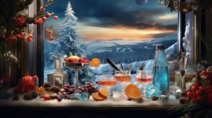 a beautifully crafted cocktail in a glass placed on a rustic windowsill. The soft glow of indoor lighting contrasts with the serene winter landscape outside the window.