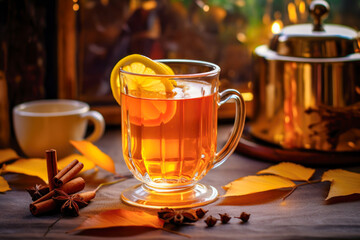 Hot toddy in a glass, fall season alcoholic drink, Thanksgiving