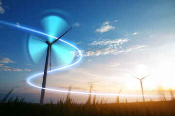 Renewable energy design..Digital graphic work on green energy power Production. Windmill and...