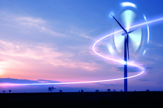 Green energy power production it is future. Windmill and graphic diagram of air currents that produce green energy.	