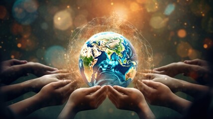 human hands gently cradling a globe against a blurred, lush blue nature background. The photo conveys the message of support for our planet.