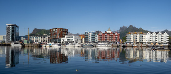Fototapeta premium The beautiful harbor of Svolvær, Vågan, Lofoten Islands, Nordland, Norway. Informally known as the capital of the Lofoten Islands