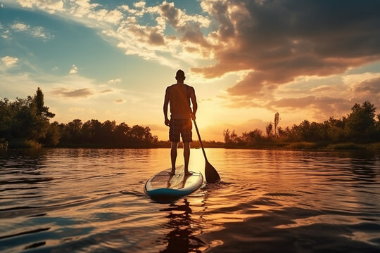 Silhouette of stand up paddle boarder paddling on a quiet sea with warm summer sunset colors. Sport and Relax Concept.