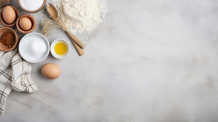 neatly arranged baking ingredients like flour, eggs, a rolling pin, and kitchen textiles on a minimalist light gray concrete backdrop. The composition allows for adding informative text.