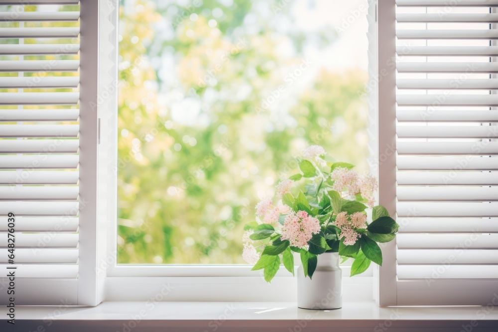 Poster A vase of flowers sitting on a window sill. This image can be used to add a touch of nature and beauty to any space.