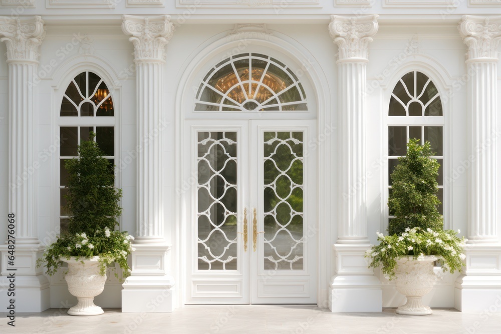 Poster A large white building with two planters in front. Perfect for architectural design and urban landscapes.
