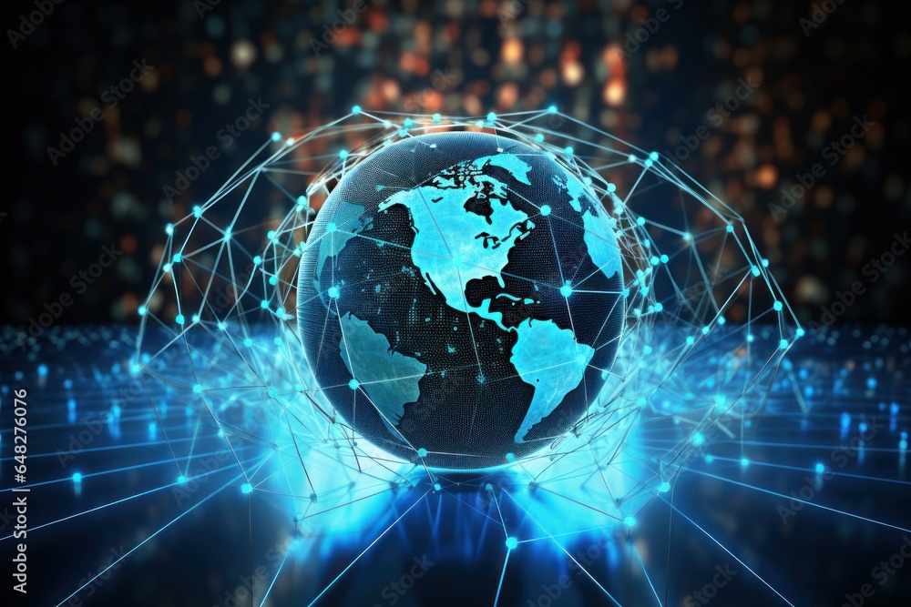 Poster A globe with a network surrounding it, placed on a table. This image can be used to represent global connectivity, communication, or technology.