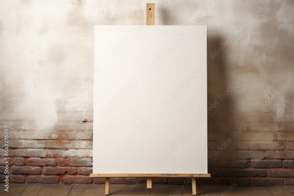 Poster A blank canvas is displayed on a wooden easel against a brick wall. This versatile image can be used to represent creativity, art, painting, or the beginning of a new project.