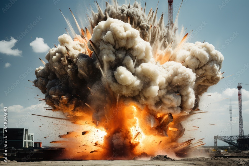 Poster a powerful explosion releasing a plume of smoke and fire. this image can be used to depict destructi