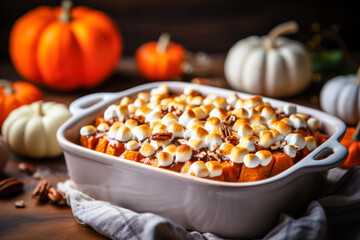 Sweet potato casserole with marshmallows, fall cooking, Thanksgiving dessert