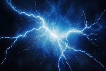 A striking image of a bright blue lightning bolt piercing through a dark sky. This powerful and...