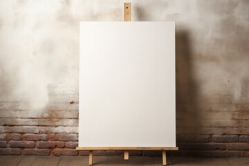 A blank canvas is displayed on a wooden easel against a brick wall. This versatile image can be used to represent creativity, art, painting, or the beginning of a new project. - obrazy, fototapety, plakaty