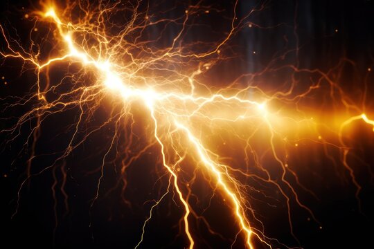 A close-up view of a lightning bolt on a black background. This image can be used to depict power, energy, or natural phenomena. It is suitable for various projects and designs.