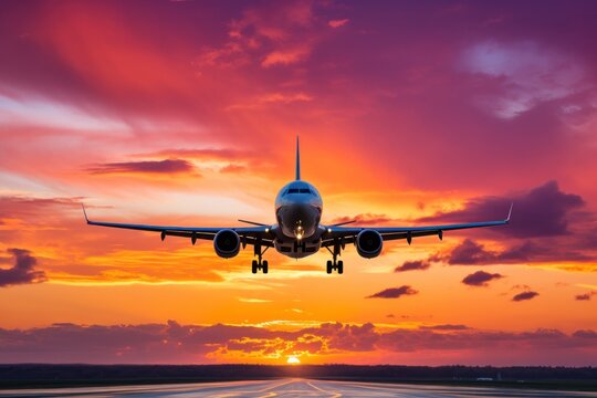 A large jetliner gracefully soaring through the sky above a runway, with the vibrant colors of a sunset in the background. This image captures the beauty and power of aviation. Perfect for travel maga