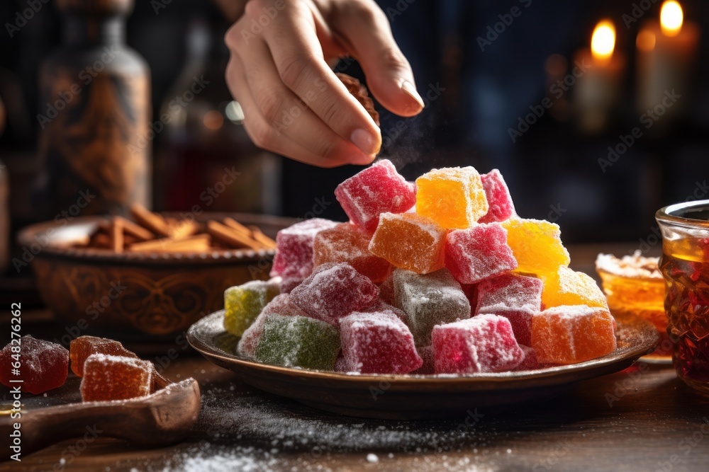 Poster a person sprinkling sugar on a pile of colorful candies. this image can be used to showcase sweet tr
