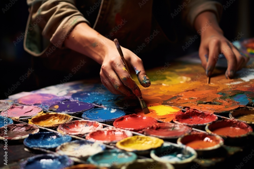 Poster A close-up view of a person engaged in painting on a table. This image can be used to depict creativity and artistic expression.