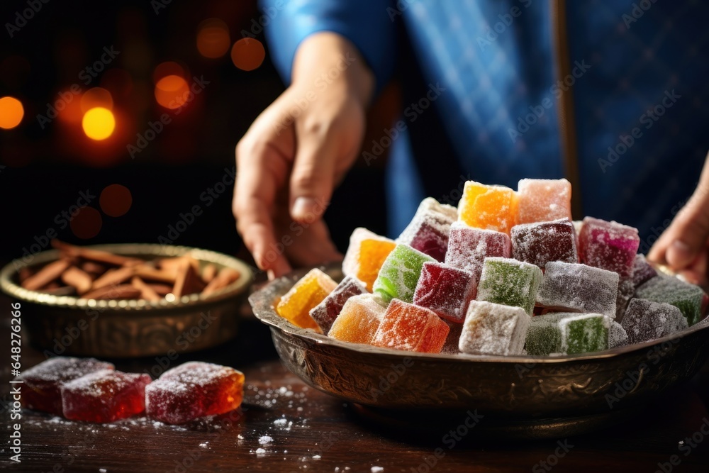 Poster A bowl filled with assorted candy sitting on top of a table. This image can be used for various purposes, such as illustrating sweet treats, candy shops, party decorations, or Halloween-themed designs