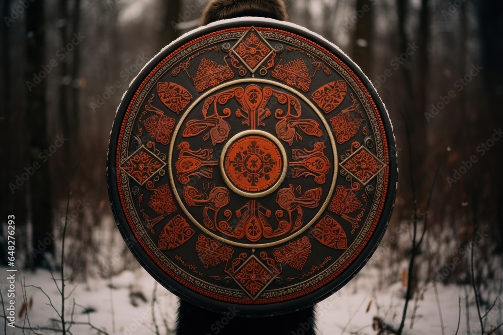 Poster a person standing in the snow, holding a large shield. this image can be used to depict strength, pr