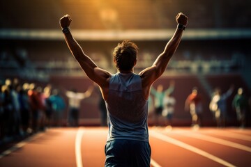 Fototapeta na wymiar A man standing on a track with his arms raised in celebration. This energetic and victorious image can be used to depict success, achievement, and personal triumph. Perfect for sports, fitness, motiva
