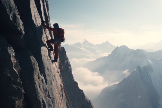 A person is climbing up a mountain using a rope. This image can be used to depict determination, adventure, and conquering challenges.