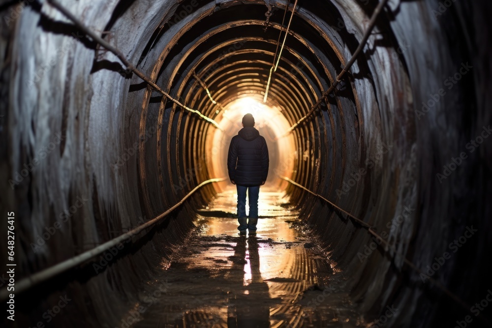 Poster A person standing in a dark tunnel with a light at the end. This image can be used to represent hope, perseverance, and overcoming challenges.