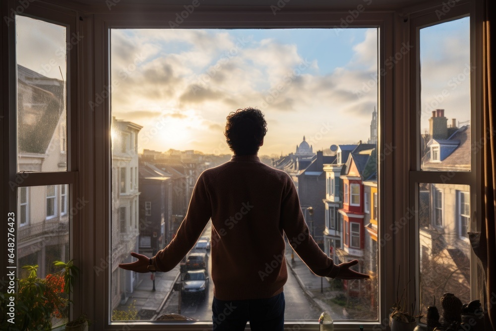 Poster a man stands in front of a window, looking out. this image can be used to depict solitude, contempla