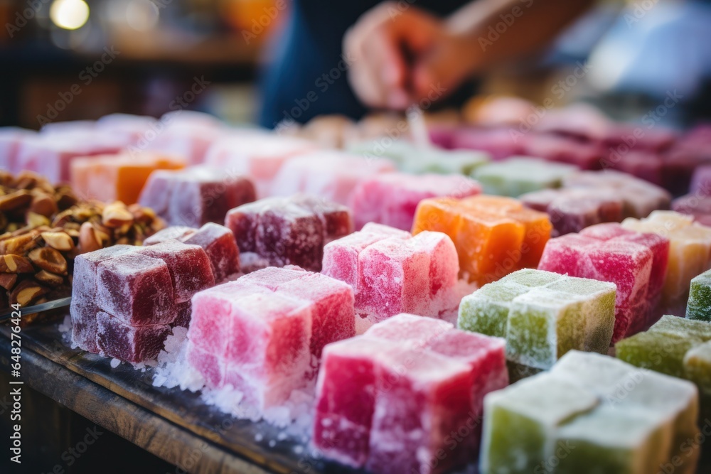 Poster A vibrant collection of various colored ice cubes arranged on a table. Perfect for adding a pop of color to any project or design.