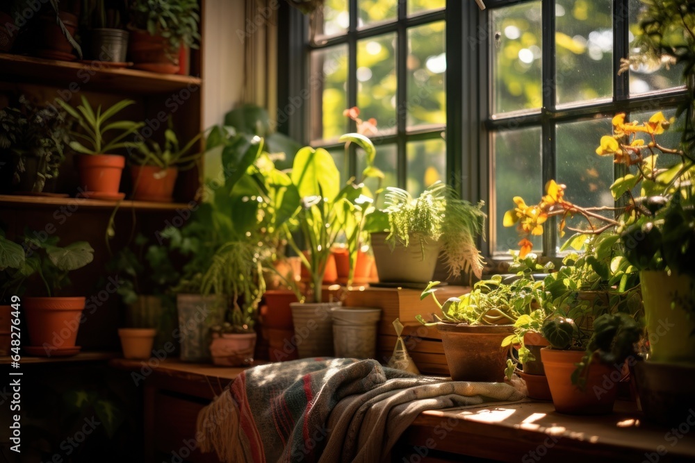 Poster a window sill filled with an abundance of potted plants. this image can be used to showcase greenery
