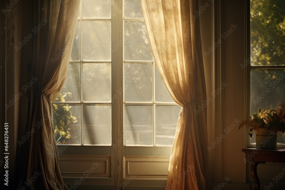 Poster A window with a curtain and a potted plant in front of it. Perfect for adding a touch of nature to any room.