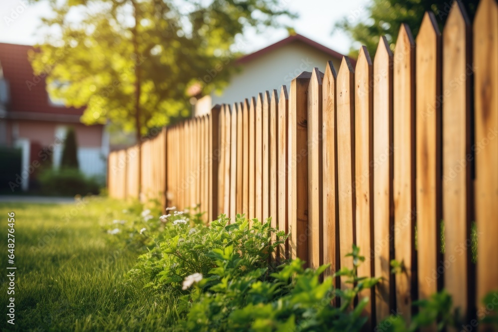 Poster a picture of a wooden fence in front of a house. this image can be used to represent home security, 