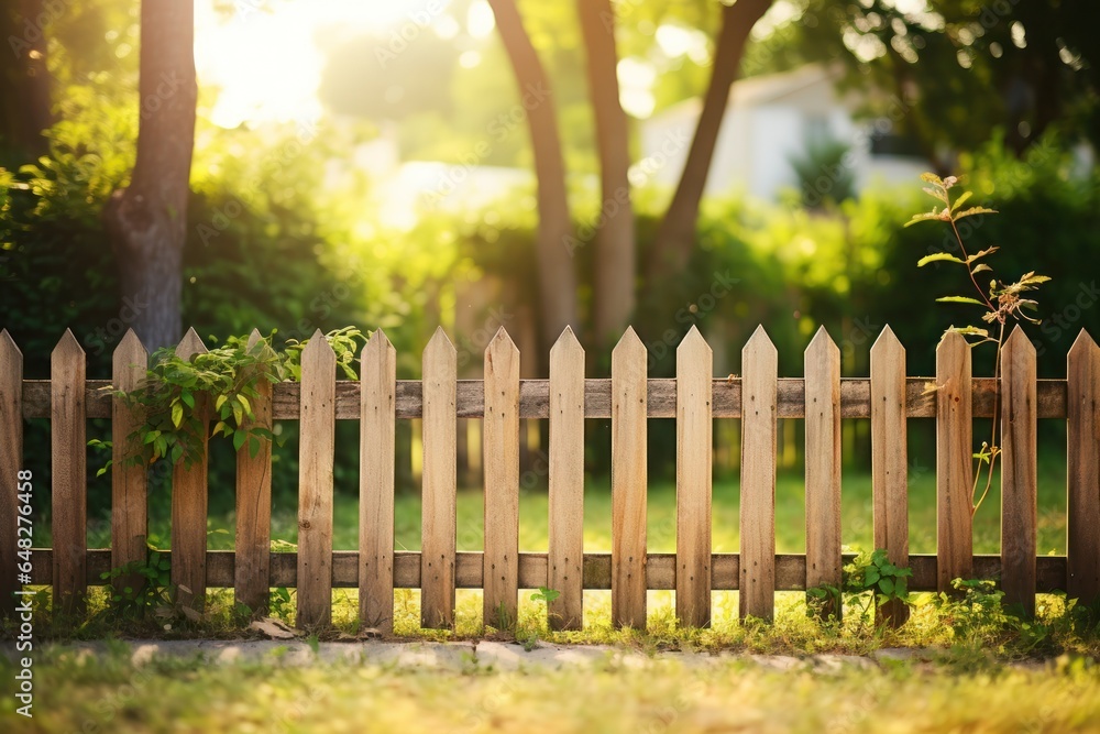 Poster a picture of a wooden fence in a grassy yard with trees in the background. this image can be used to