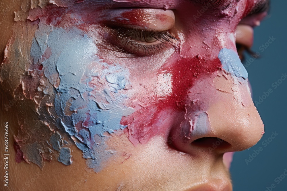 Poster a detailed close-up of a person with paint on their face. this image can be used for various purpose