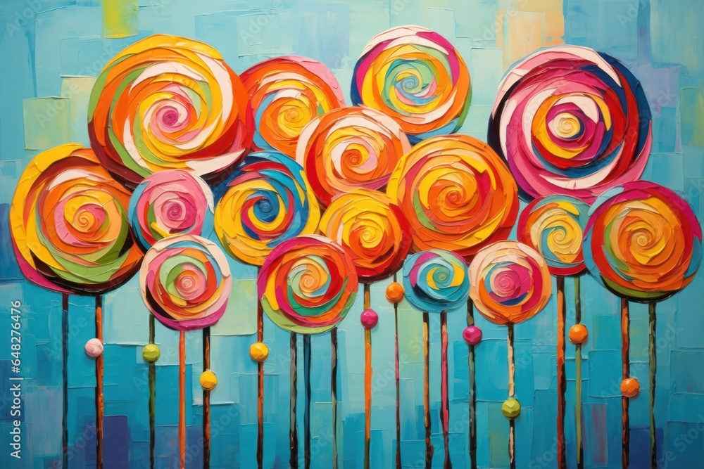 Poster A painting featuring a bunch of lollipops on a vibrant blue background. This delightful image can be used to add a pop of color and sweetness to various projects.